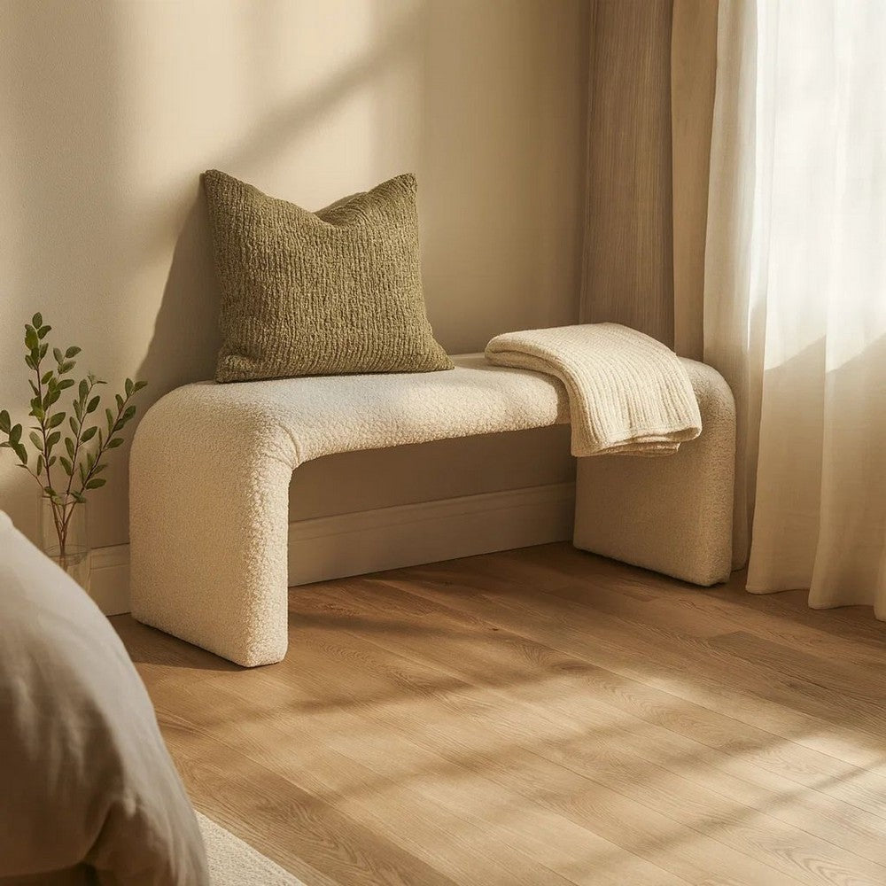 Benjara Accent Bench, C Shaped Design Ivory Boucle Upholstery, 44 Inch