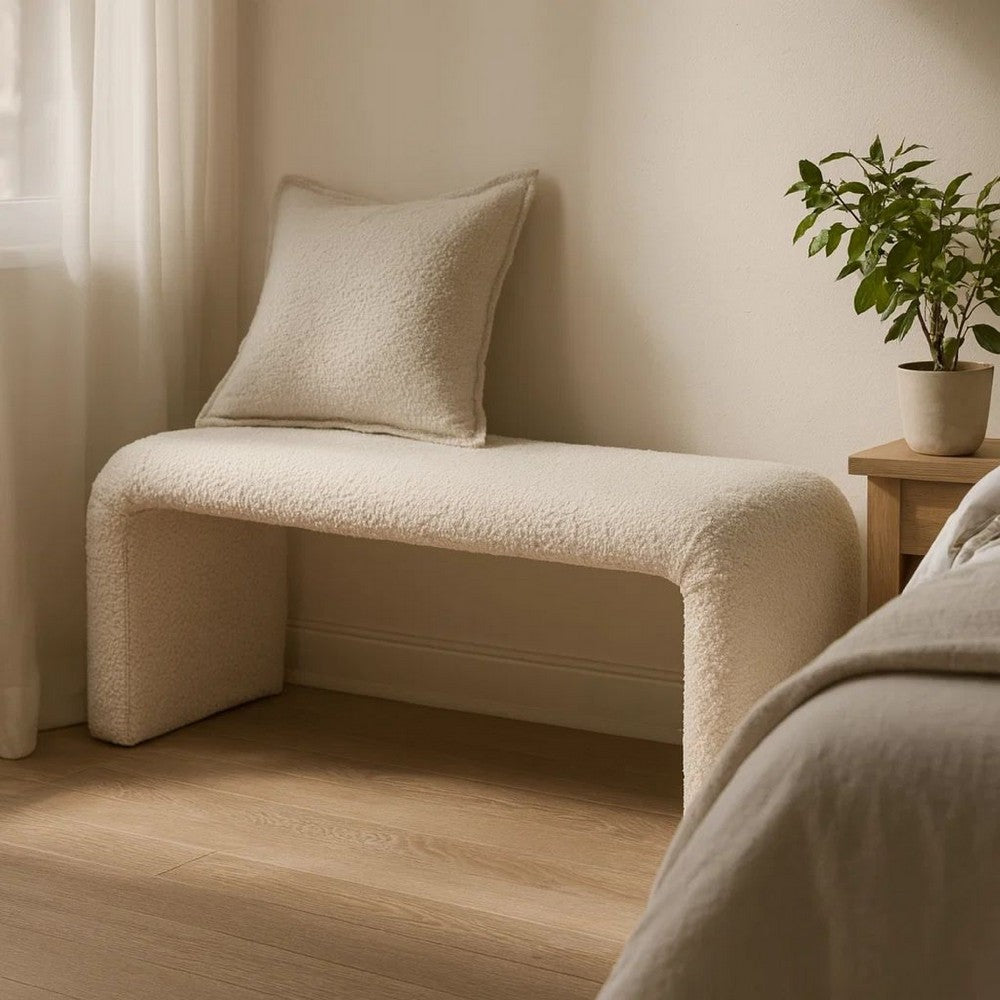 Benjara Accent Bench, C Shaped Design Ivory Boucle Upholstery, 44 Inch