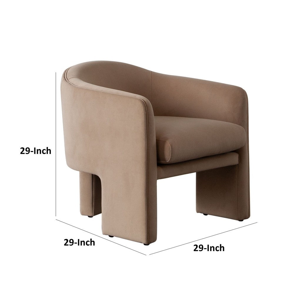 Benjara Lery Accent Chair, Curved Back Tripod Base, Camel Brown Velvet, 29 Inch