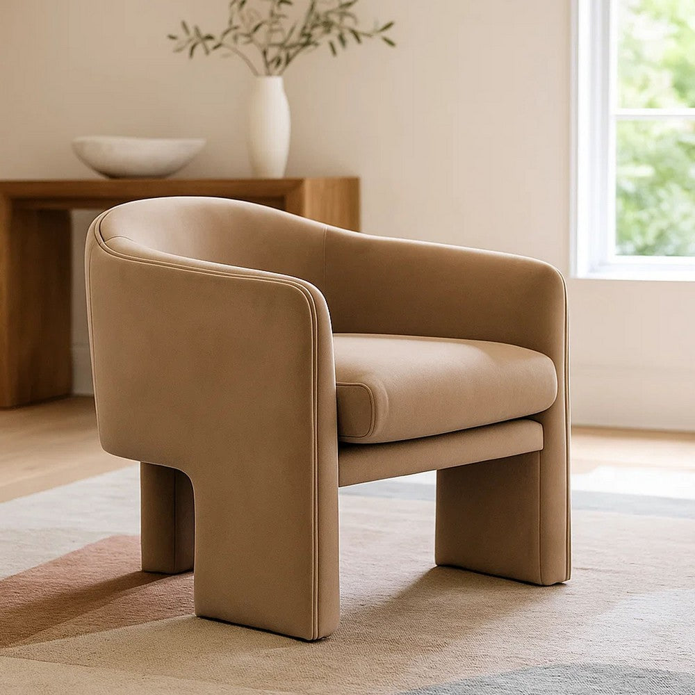 Benjara Lery Accent Chair, Curved Back Tripod Base, Camel Brown Velvet, 29 Inch