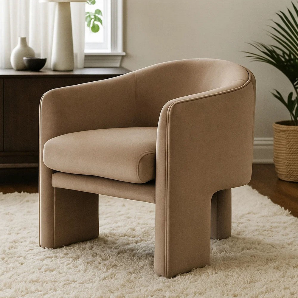 Benjara Lery Accent Chair, Curved Back Tripod Base, Camel Brown Velvet, 29 Inch