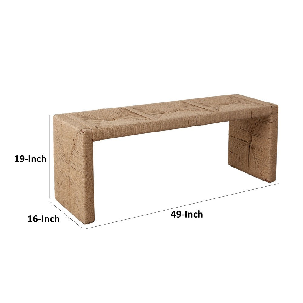 Benjara Koe Accent Bench, 49 Inch Wide Handwoven Natural Jute Woven Frame
