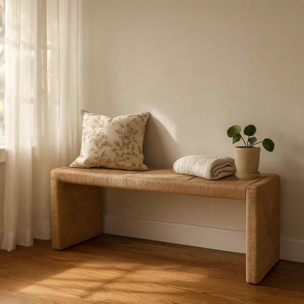 Benjara Koe Accent Bench, 49 Inch Wide Handwoven Natural Jute Woven Frame