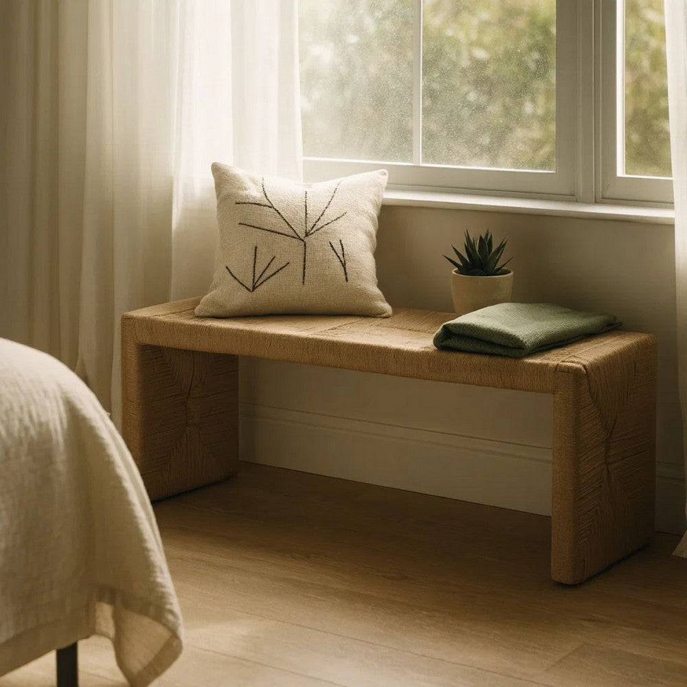 Benjara Koe Accent Bench, 49 Inch Wide Handwoven Natural Jute Woven Frame