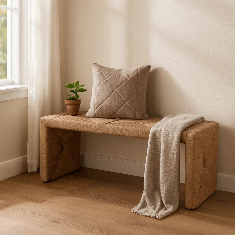 Benjara Koe Accent Bench, 49 Inch Wide Handwoven Natural Jute Woven Frame