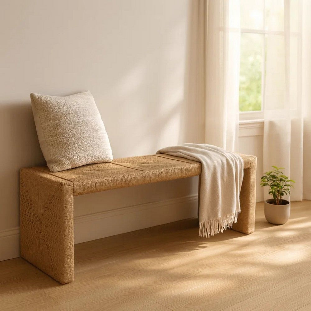 Benjara Koe Accent Bench, 49 Inch Wide Handwoven Natural Jute Woven Frame