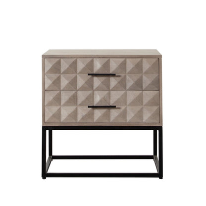 Benjara Zoe End Table Nightstand, Ash Gray Carved Fronts, Black Metal Base