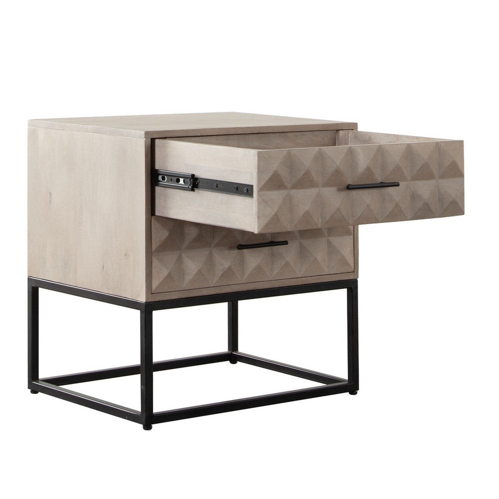 Benjara Zoe End Table Nightstand, Ash Gray Carved Fronts, Black Metal Base