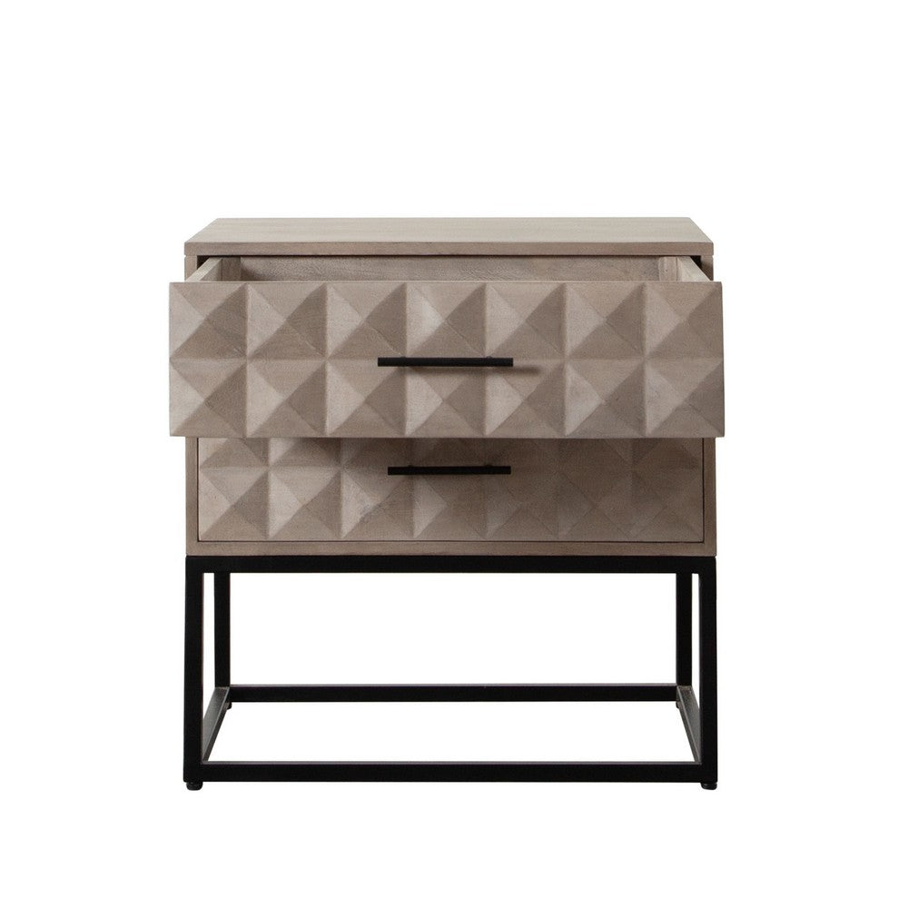 Benjara Zoe End Table Nightstand, Ash Gray Carved Fronts, Black Metal Base