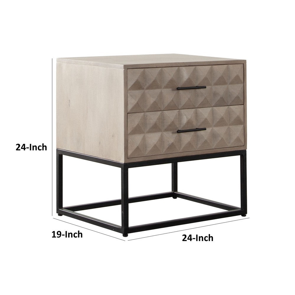 Benjara Zoe End Table Nightstand, Ash Gray Carved Fronts, Black Metal Base