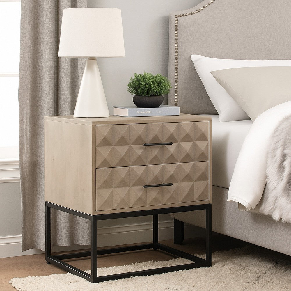 Benjara Zoe End Table Nightstand, Ash Gray Carved Fronts, Black Metal Base