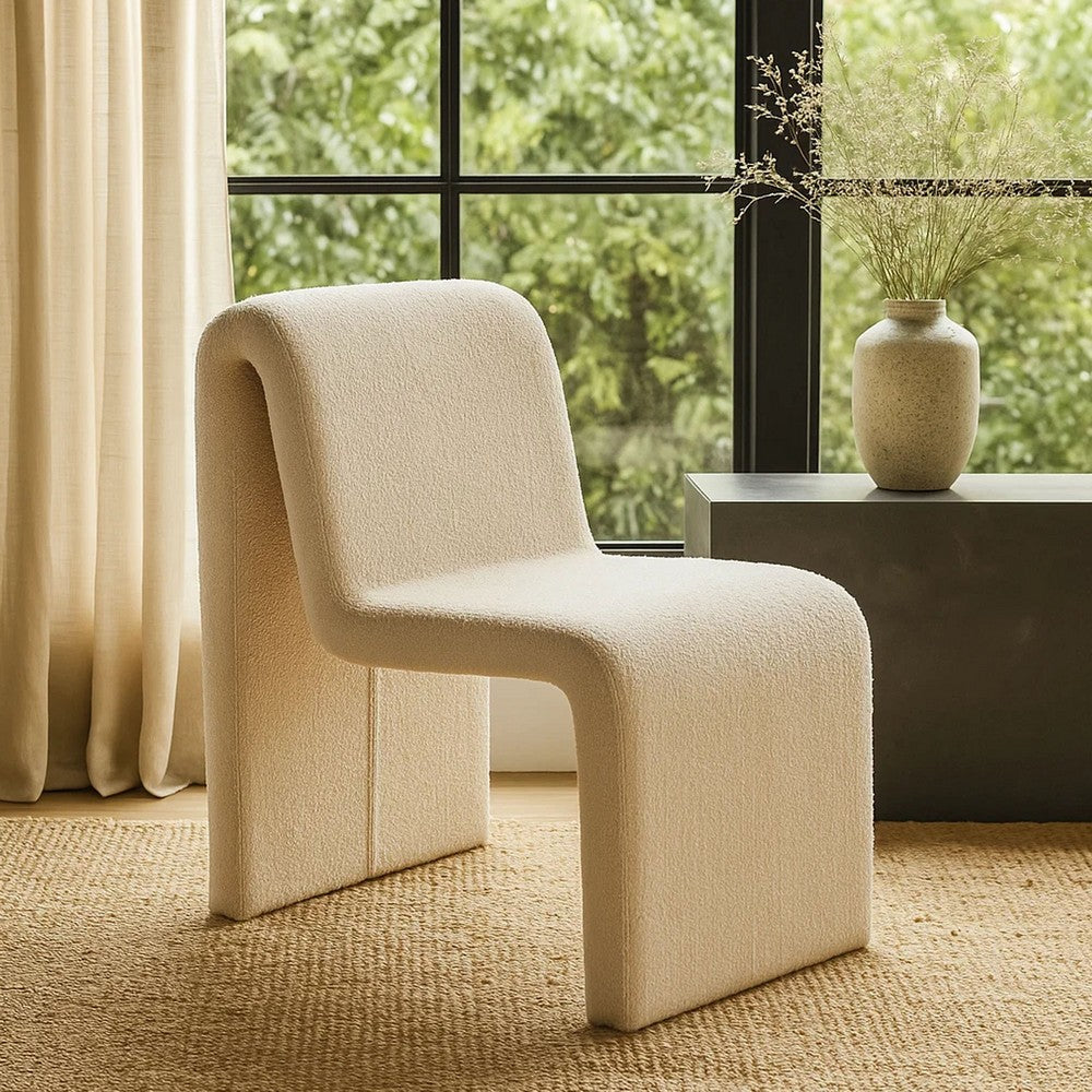 Benjara Nena Armless Dining Chair, Curved Light Camel Brown Shearling Fabric