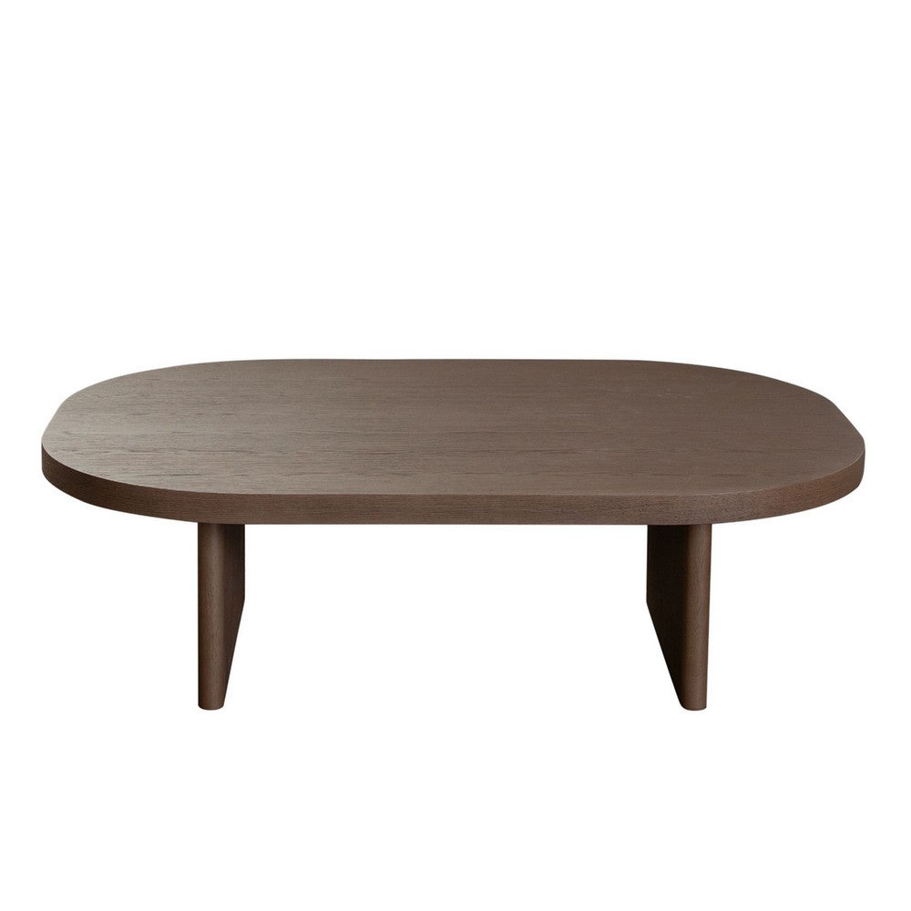 Benjara Peny Coffee Table, 47 Inch Oval Top with / Panel Legs in Dark Oak Brown
