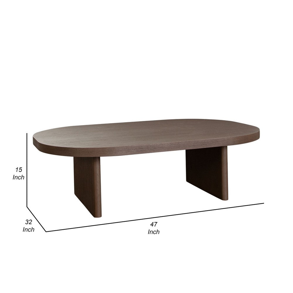 Benjara Peny Coffee Table, 47 Inch Oval Top with / Panel Legs in Dark Oak Brown