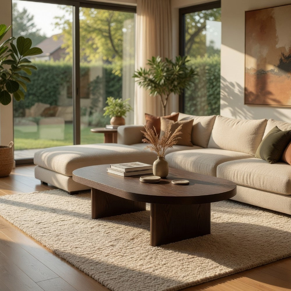 Benjara Peny Coffee Table, 47 Inch Oval Top with / Panel Legs in Dark Oak Brown