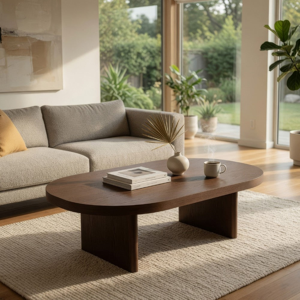 Benjara Peny Coffee Table, 47 Inch Oval Top with / Panel Legs in Dark Oak Brown
