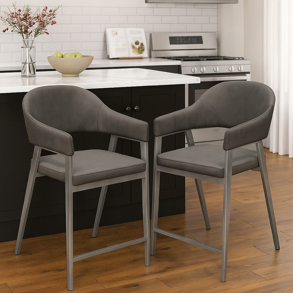 Benjara Arie Counter Height Chair Set of 2, Gray Faux Leather Seat And Back