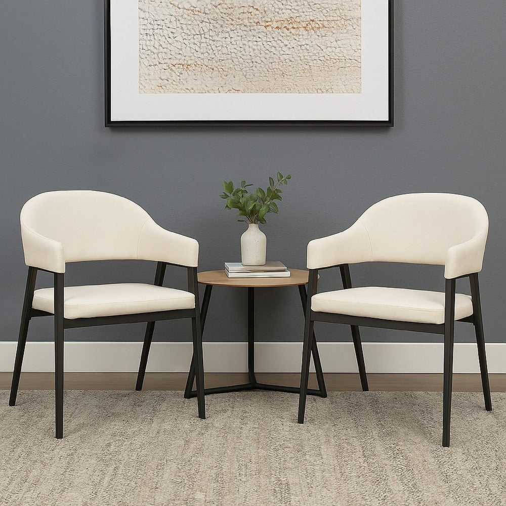 Benjara Arie Dining Side Chair Set of 2, Cream White Polyester, Black Legs