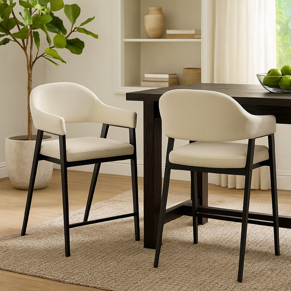 Benjara Arie Counter Height Chair Set of 2, Cream White Polyester, Black Legs