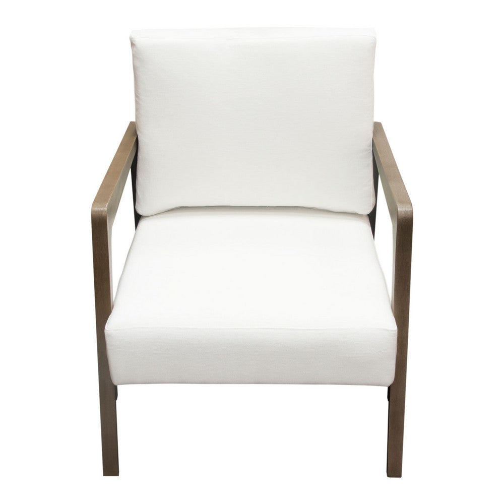 Benjara Deni Accent Armchair, White Polyester Linen Seat, Curved Wood Legs