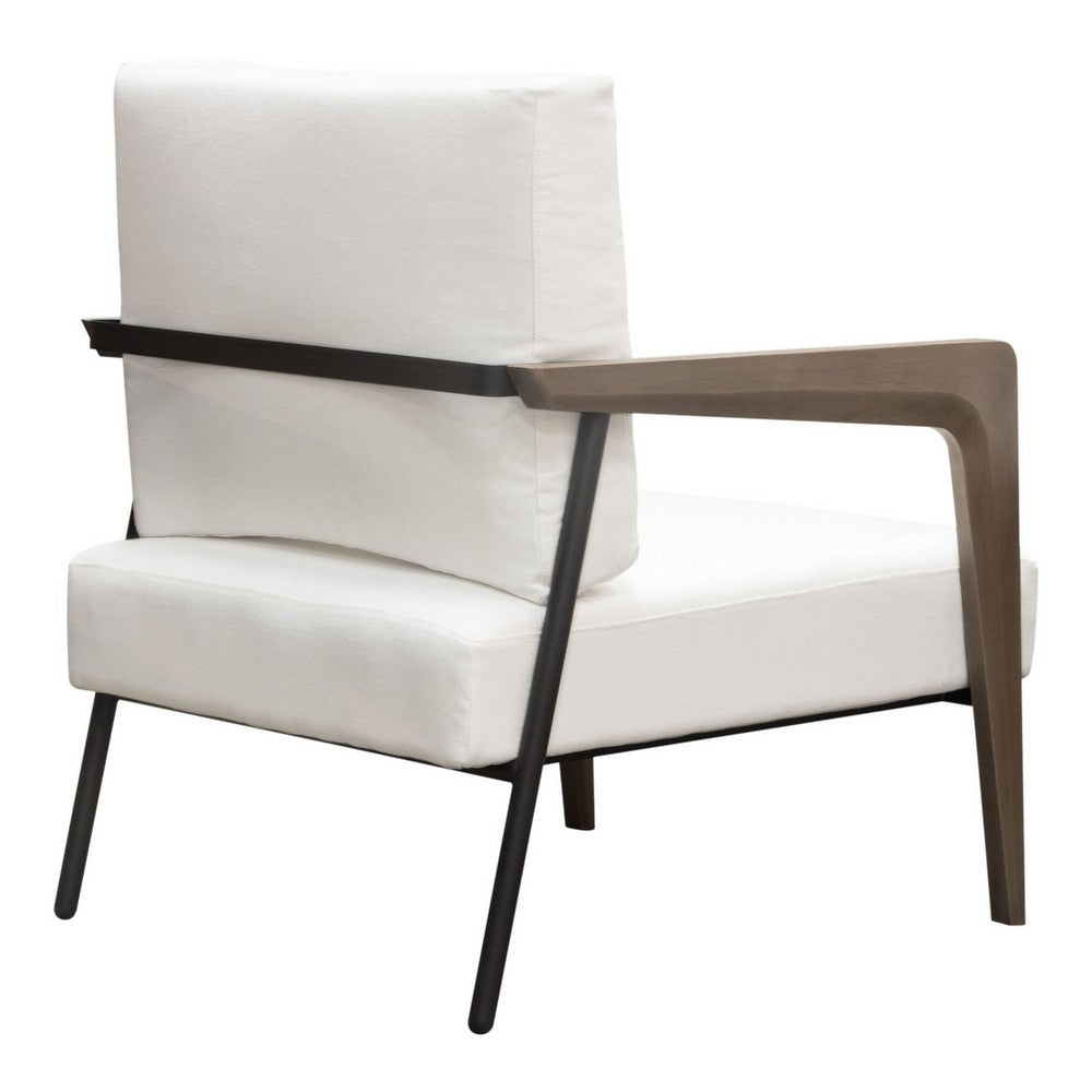 Benjara Deni Accent Armchair, White Polyester Linen Seat, Curved Wood Legs