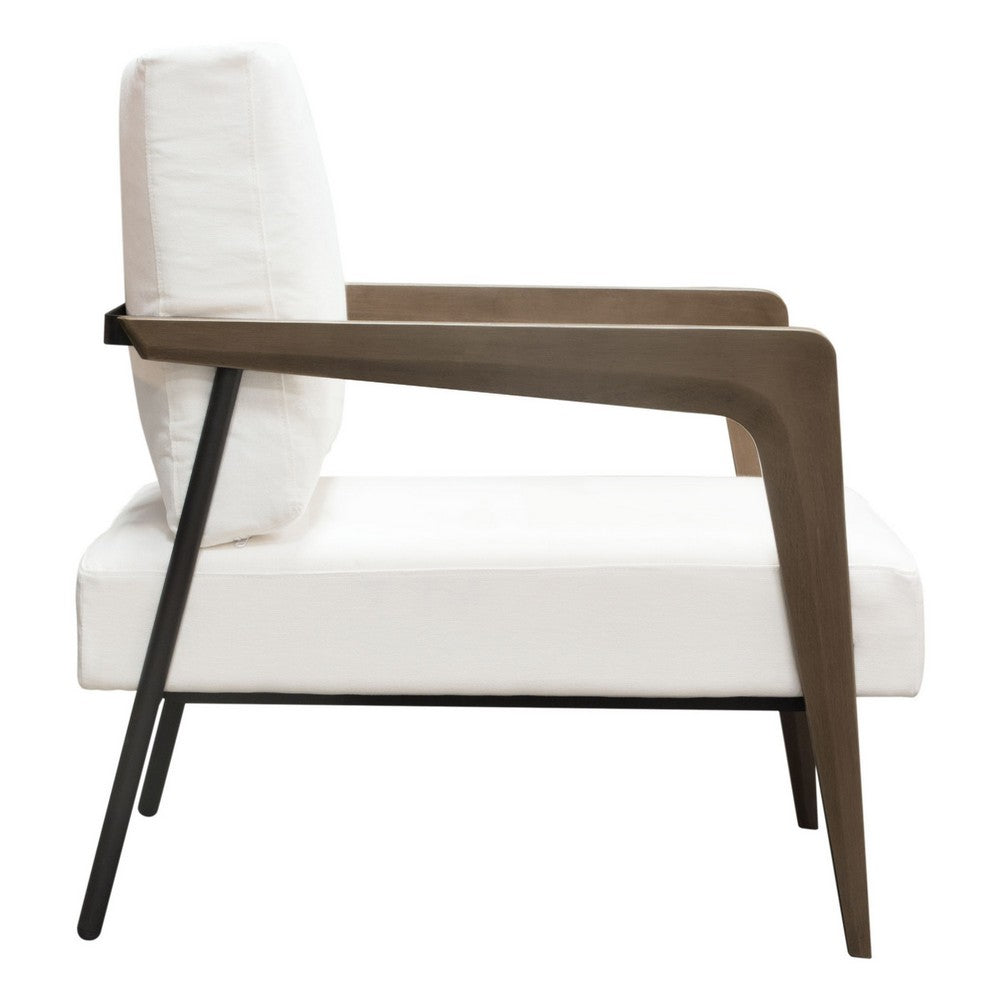 Benjara Deni Accent Armchair, White Polyester Linen Seat, Curved Wood Legs