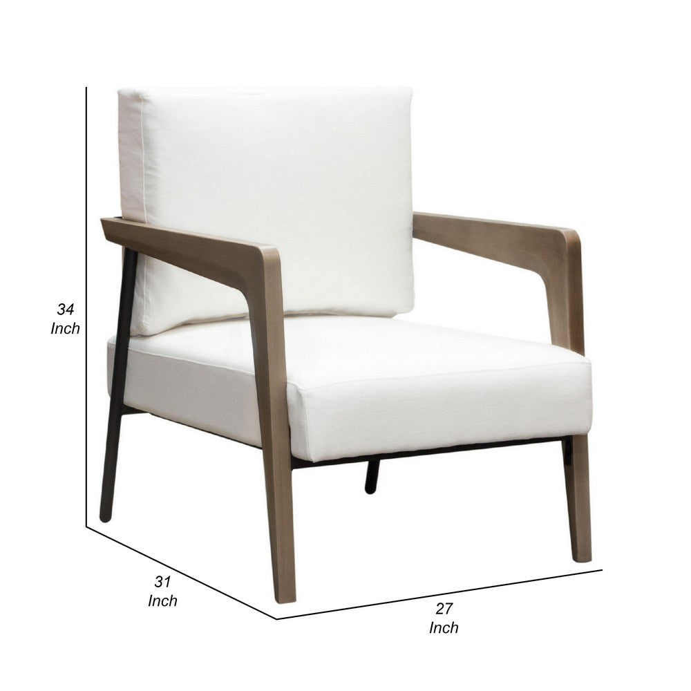 Benjara Deni Accent Armchair, White Polyester Linen Seat, Curved Wood Legs