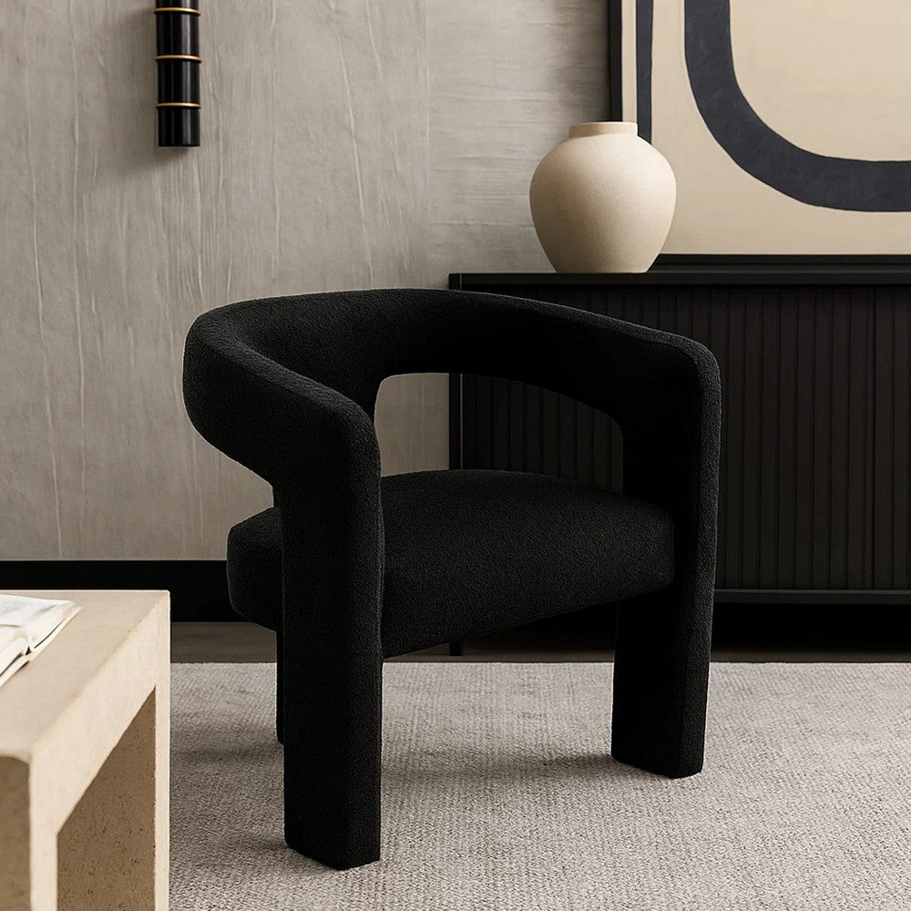 Benjara Gely Dining Accent Chair, Open Curved Back w Tripod Base, Black Boucle