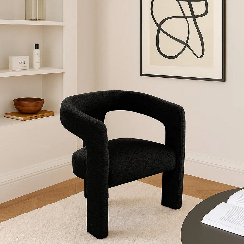 Benjara Gely Dining Accent Chair, Open Curved Back w Tripod Base, Black Boucle
