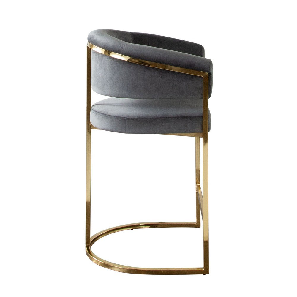 Benjara Dely Counter Height Chair, Gray Velvet with Gold Metal Sled Frame