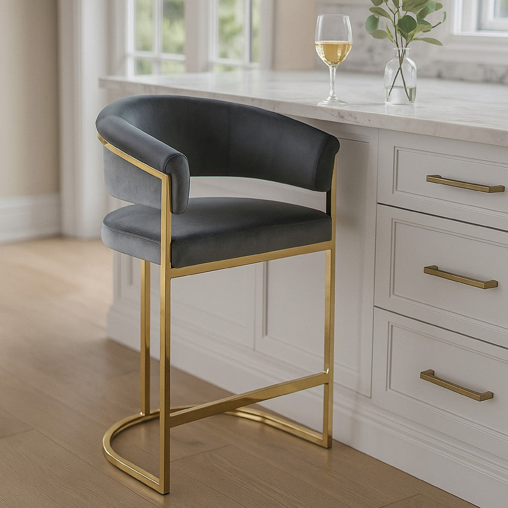Benjara Dely Counter Height Chair, Gray Velvet with Gold Metal Sled Frame