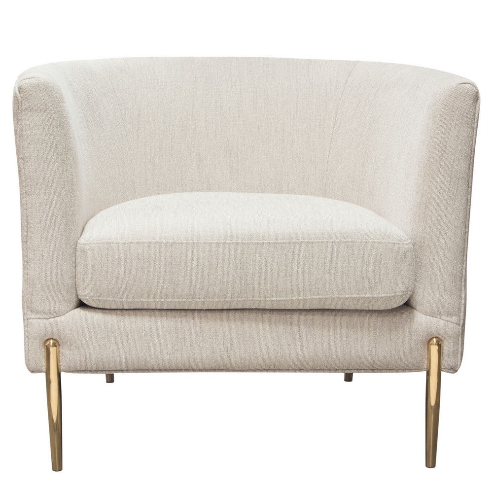 Benjara Meny Modern Accent Armchair, Light Cream Textured Fabric, Gold Metal
