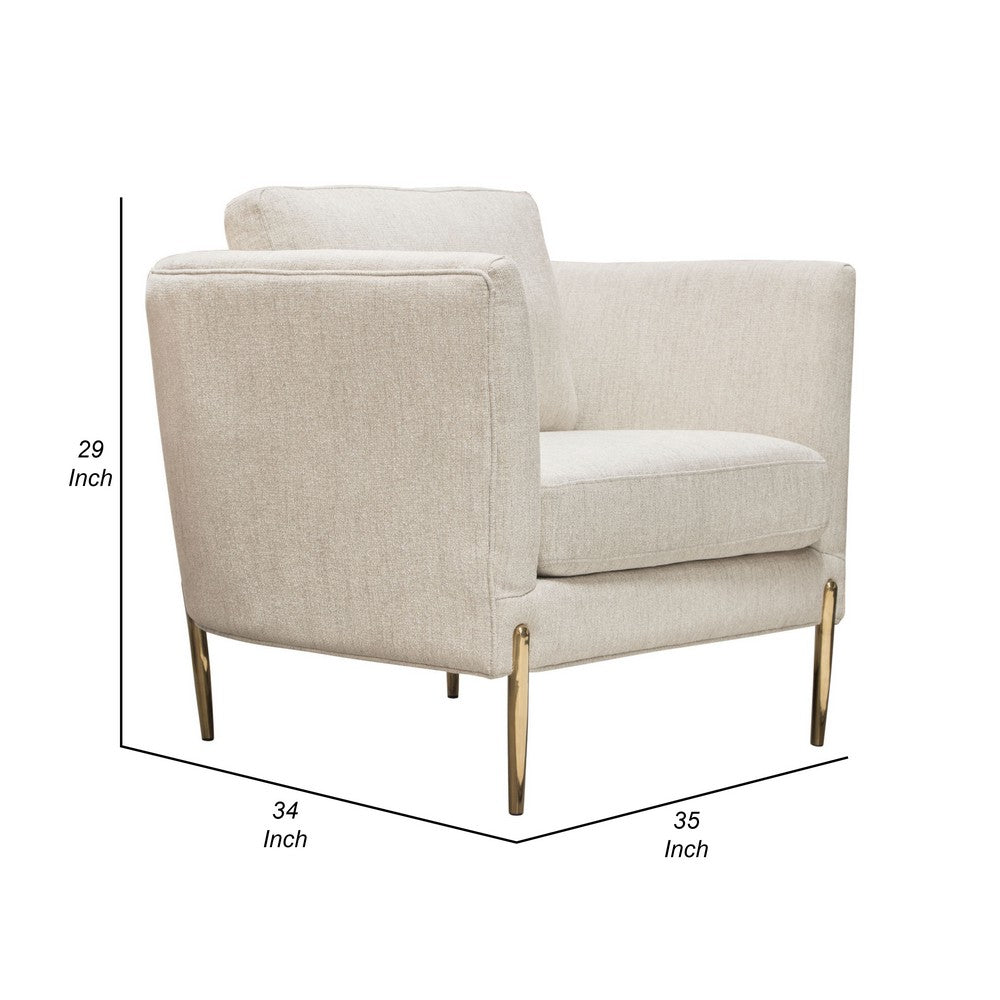 Benjara Meny Modern Accent Armchair, Light Cream Textured Fabric, Gold Metal