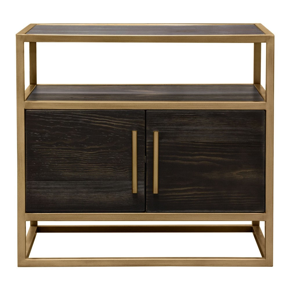 Benjara Chek 26 Inch Side Table Nightstand, 2 Doors, 1 Shelf, Dark Brown, Gold Steel