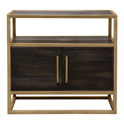 Benjara Chek 26 Inch Side Table Nightstand, 2 Doors, 1 Shelf, Dark Brown, Gold Steel