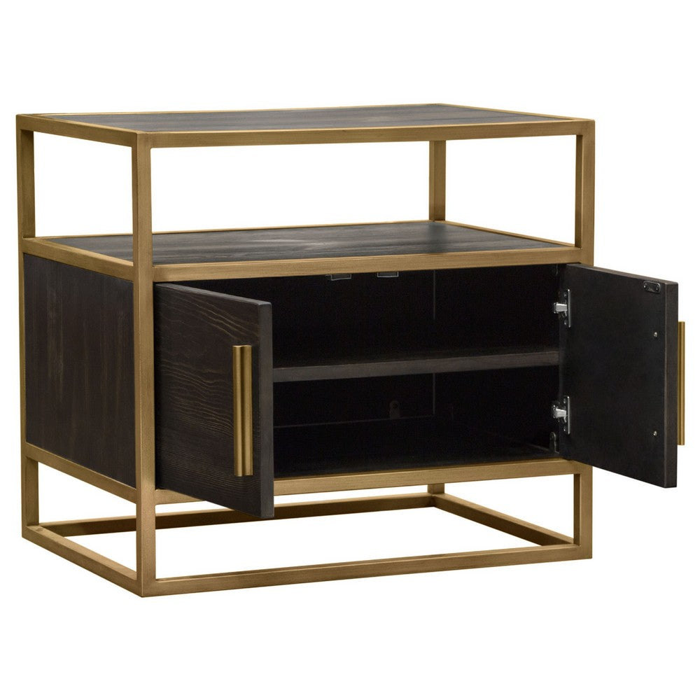 Benjara Chek 26 Inch Side Table Nightstand, 2 Doors, 1 Shelf, Dark Brown, Gold Steel