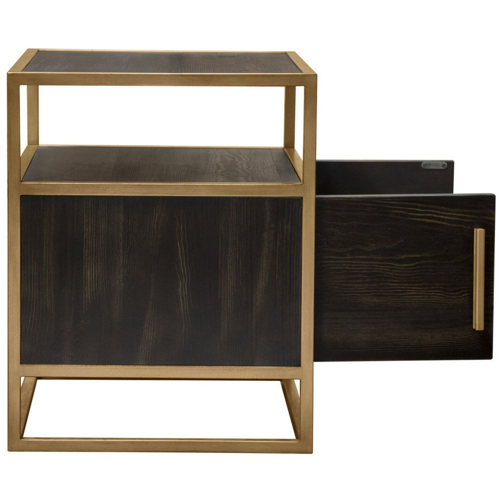 Benjara Chek 26 Inch Side Table Nightstand, 2 Doors, 1 Shelf, Dark Brown, Gold Steel