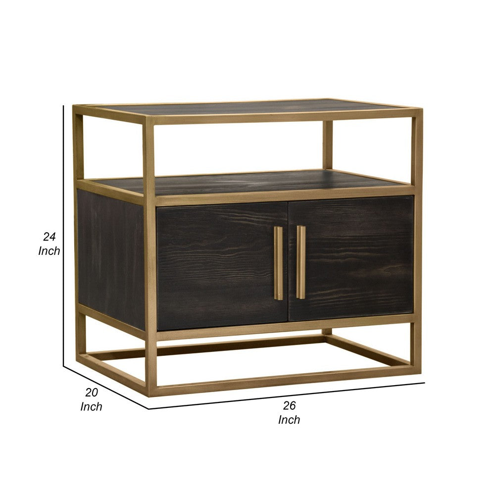 Benjara Chek 26 Inch Side Table Nightstand, 2 Doors, 1 Shelf, Dark Brown, Gold Steel