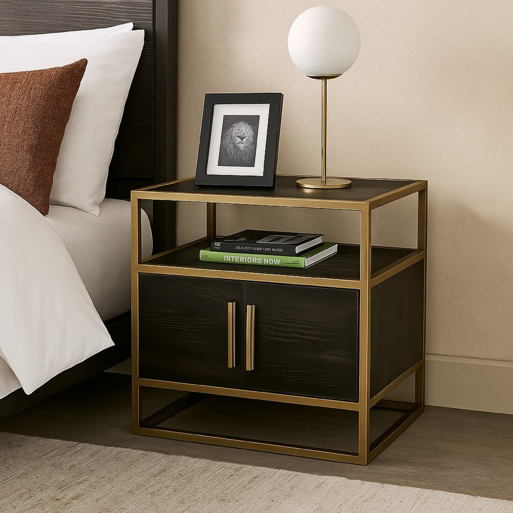 Benjara Chek 26 Inch Side Table Nightstand, 2 Doors, 1 Shelf, Dark Brown, Gold Steel