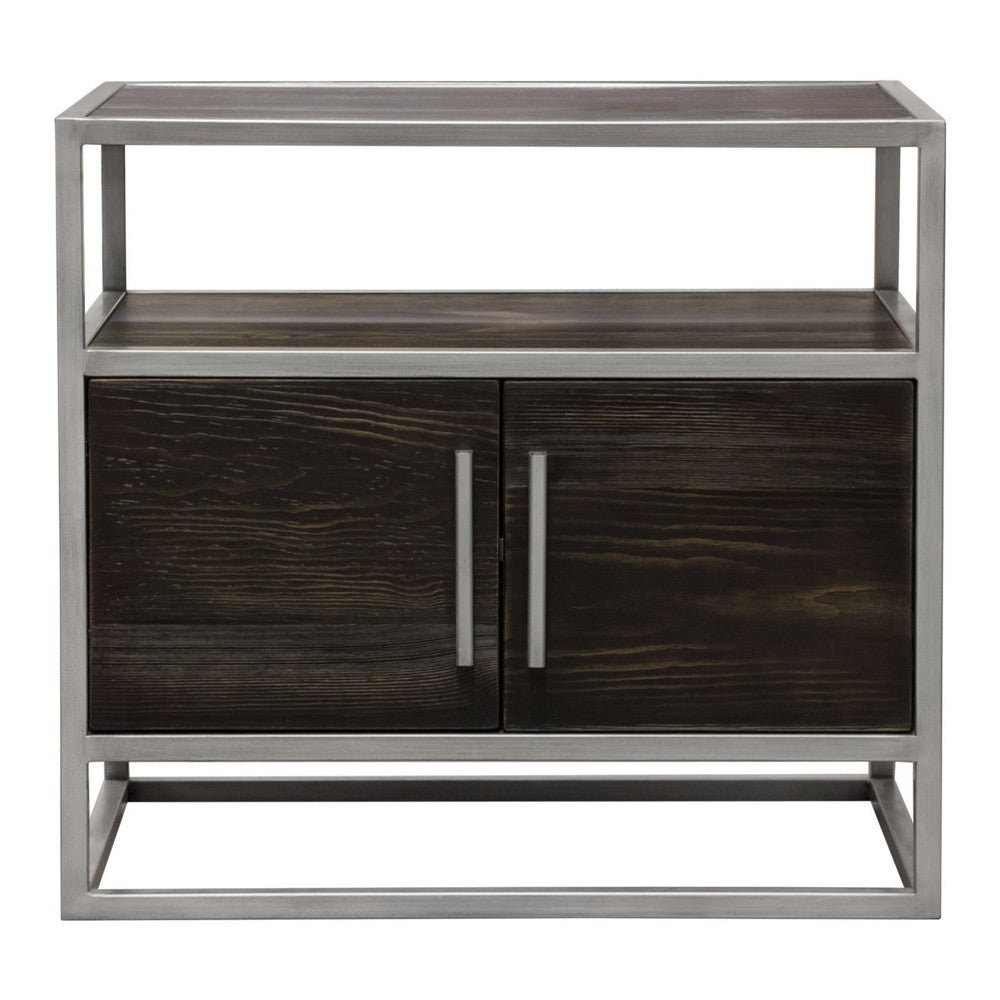 Benjara Chek 26 Inch Side Table Nightstand, 2 Doors, 1 Shelf, Dark Brown, Silver Steel