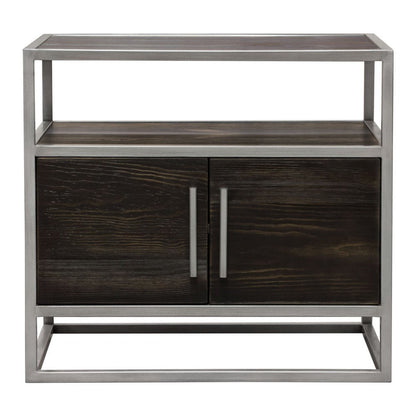 Benjara Chek 26 Inch Side Table Nightstand, 2 Doors, 1 Shelf, Dark Brown, Silver Steel