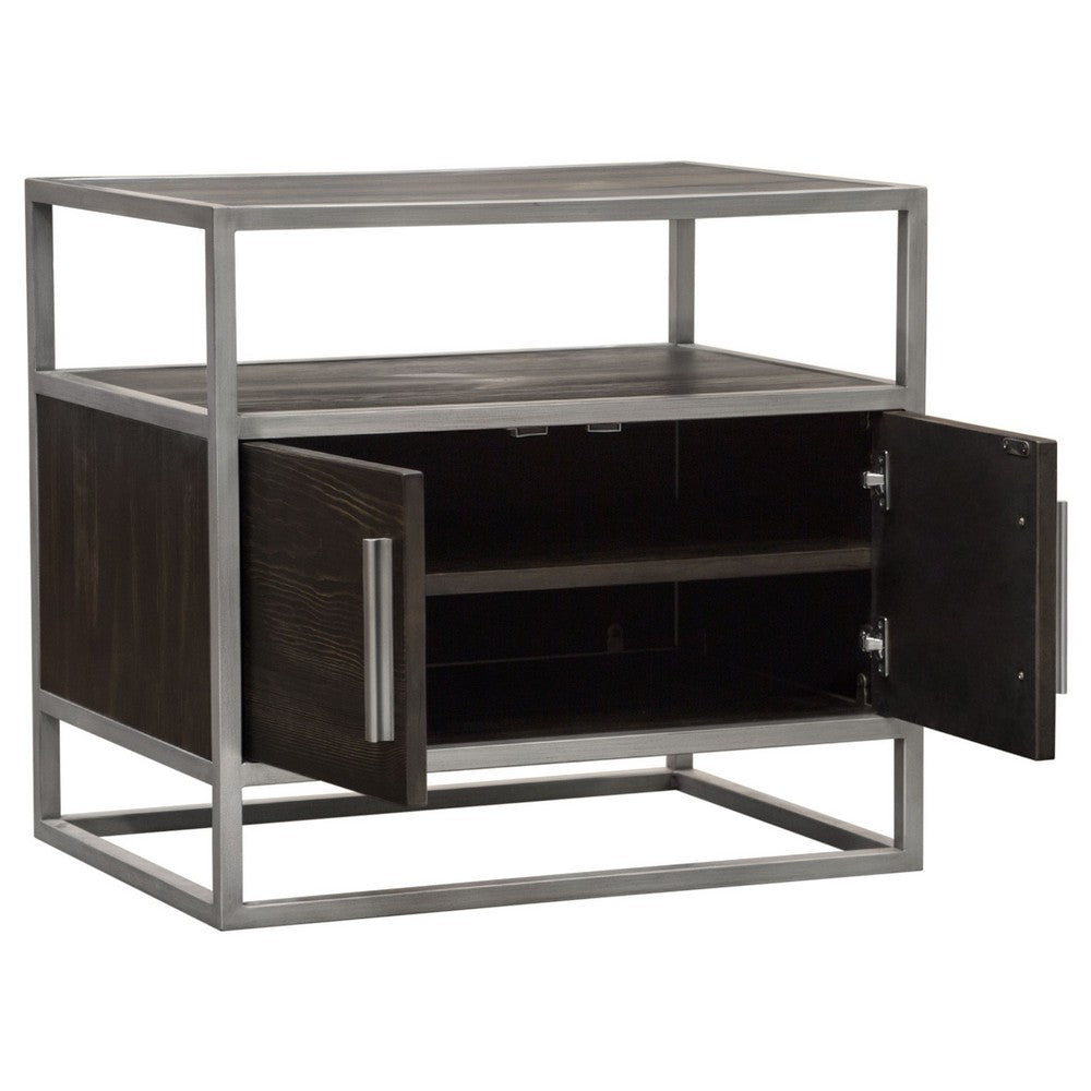 Benjara Chek 26 Inch Side Table Nightstand, 2 Doors, 1 Shelf, Dark Brown, Silver Steel