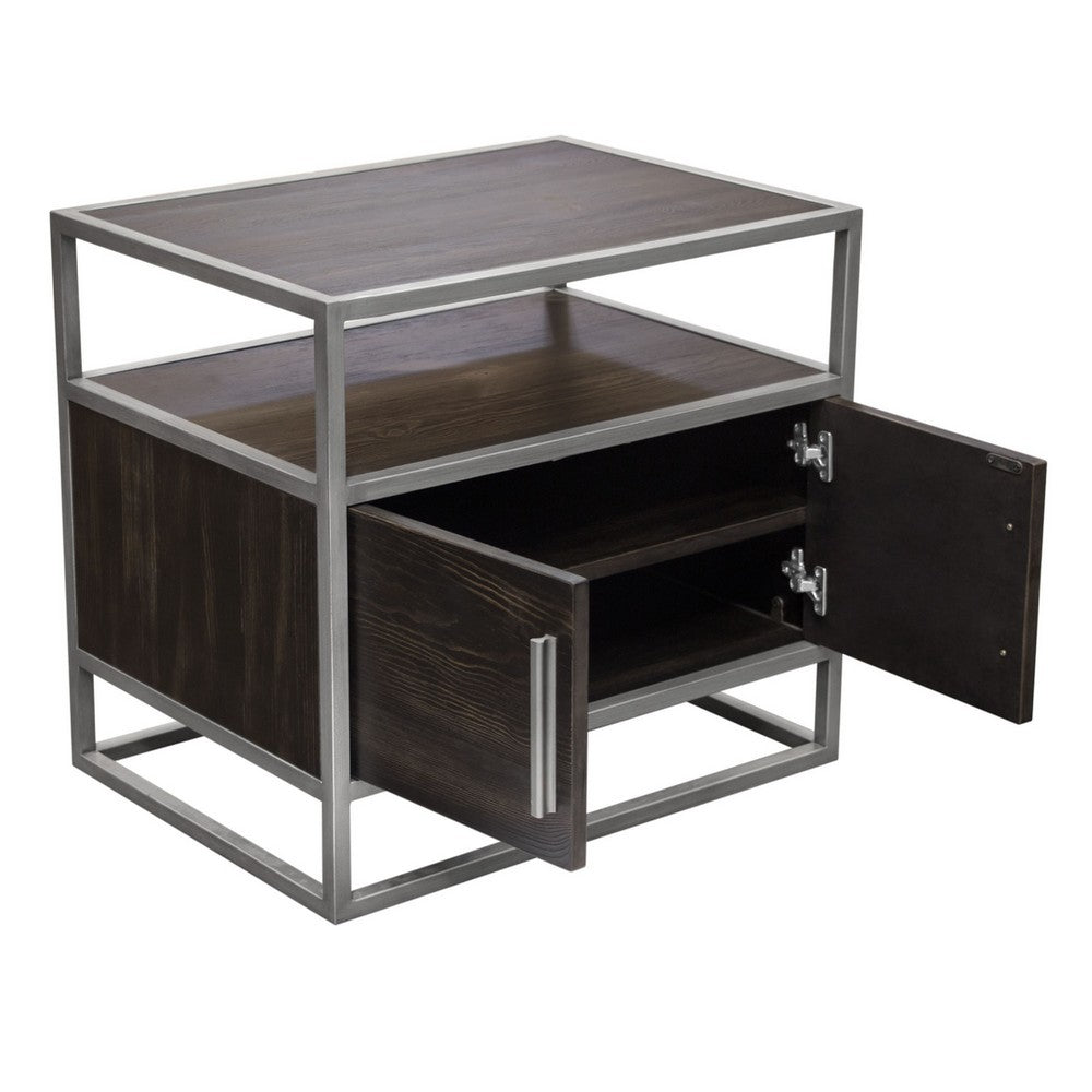 Benjara Chek 26 Inch Side Table Nightstand, 2 Doors, 1 Shelf, Dark Brown, Silver Steel