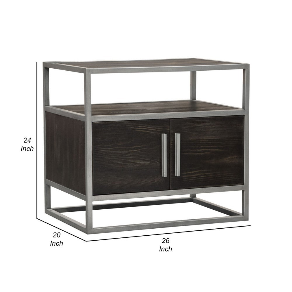 Benjara Chek 26 Inch Side Table Nightstand, 2 Doors, 1 Shelf, Dark Brown, Silver Steel