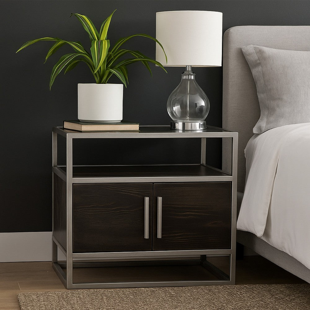 Benjara Chek 26 Inch Side Table Nightstand, 2 Doors, 1 Shelf, Dark Brown, Silver Steel