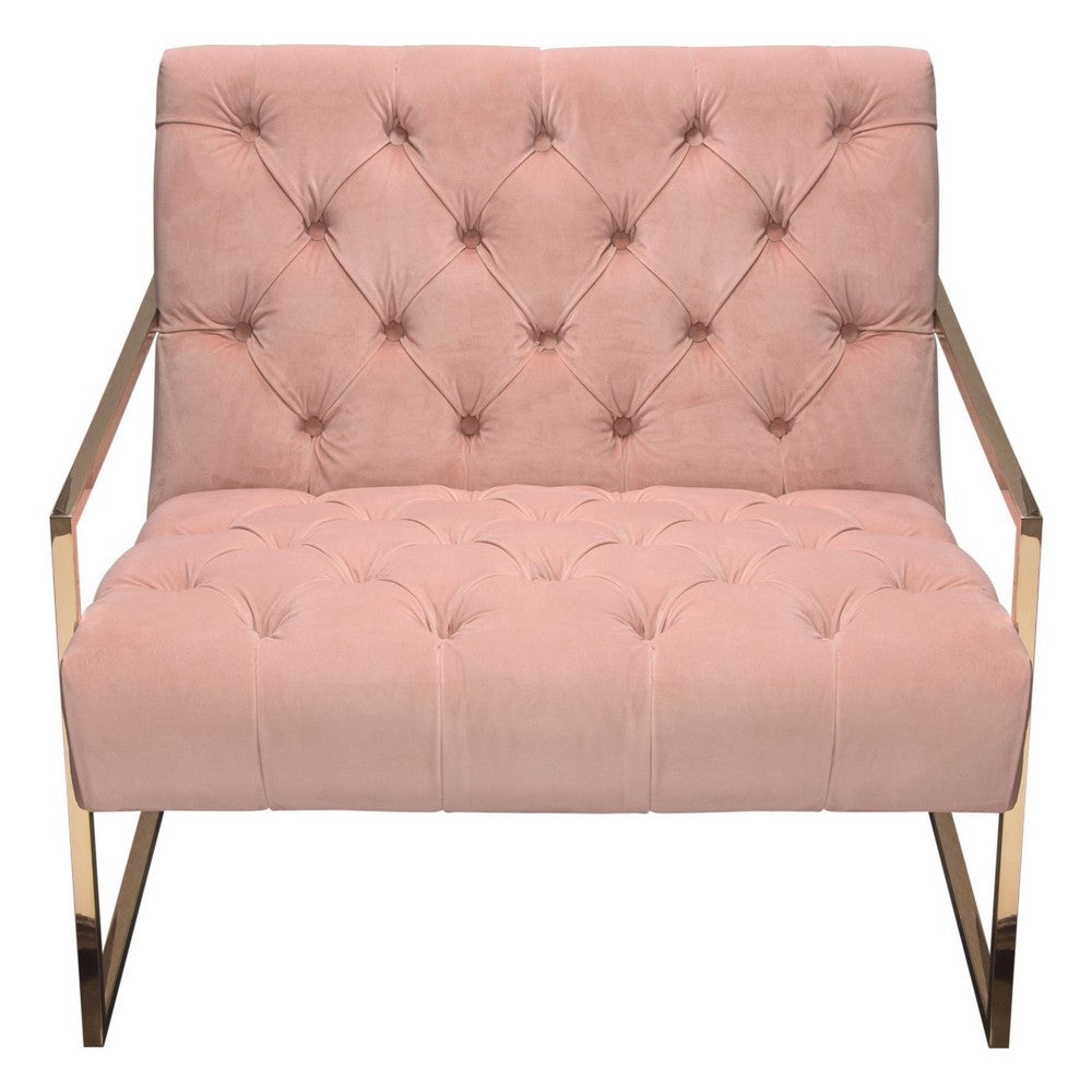 Benjara Masy Accent Armchair, Diamond Tufted Blush Pink Velvet, Gold Steel