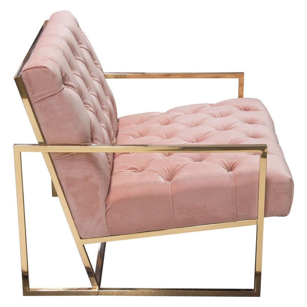Benjara Masy Accent Armchair, Diamond Tufted Blush Pink Velvet, Gold Steel