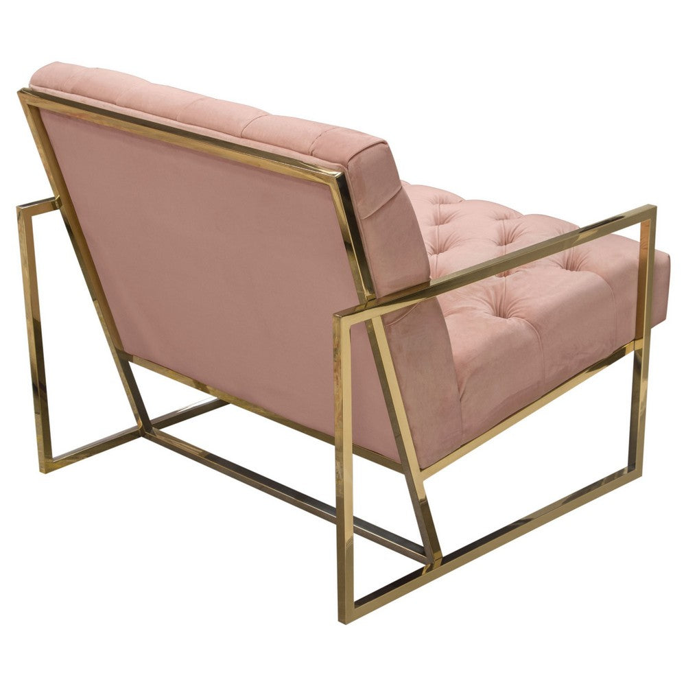 Benjara Masy Accent Armchair, Diamond Tufted Blush Pink Velvet, Gold Steel