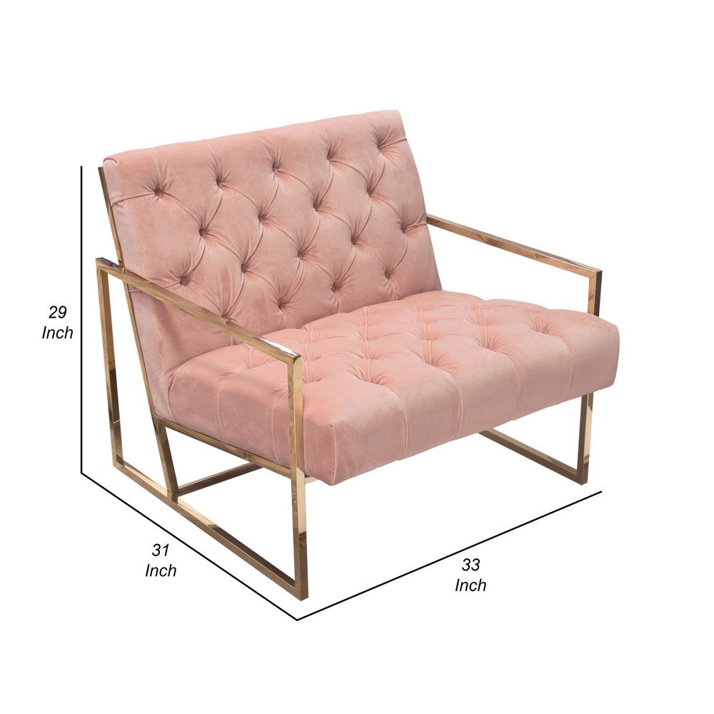 Benjara Masy Accent Armchair, Diamond Tufted Blush Pink Velvet, Gold Steel
