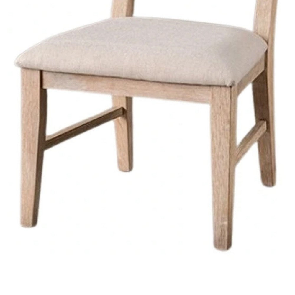 Benjara Ellon Side Dining Chair Set of 2, Distressed Natural Brown Wood, Beige Fabric
